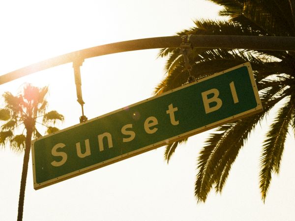 A street sign for "Sunset Blvd" is pictured against a sunny sky, with palm trees in the background.